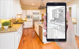 hand innehav smart telefon visning teckning av kök Foto Bakom