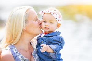 ung caucasian mor och dotter på de parkera foto