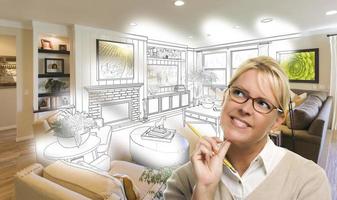 kvinna med penna över levande rum design teckning och Foto
