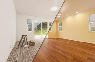 oavslutat rå och nytt ombyggt rum av hus innan och efter med trä golv, gjutning, ljus gul måla och tak lampor. foto