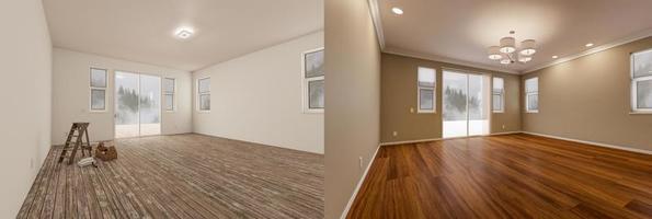 innan och efter av oavslutat rå och nytt ombyggt rum av hus med färdiga trä golv, gjutning, måla och tak lampor. foto