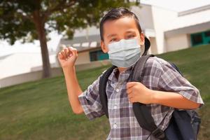 latinamerikan studerande pojke bär ansikte mask med ryggsäck på skola campus foto