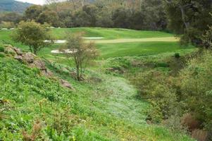 naturskön golf kurs fairway och grön. foto