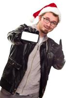 man med santa hatt innehav ut tom cell telefon foto