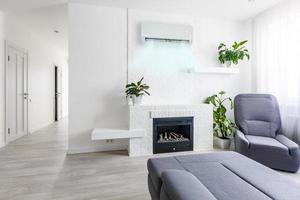 modern levande rum med öppen spis, soffa, foto