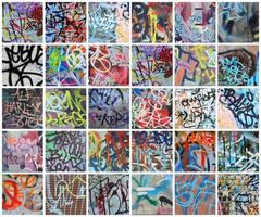 en uppsättning av många små fragment av taggade väggar. graffiti vandalism abstrakt bakgrund collage foto