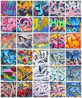 en uppsättning av många små fragment av graffiti ritningar. gata konst abstrakt bakgrund collage foto