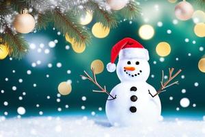 rolig snögubbe. glad jul och Lycklig ny år hälsning kort. snöig bakgrund. foto