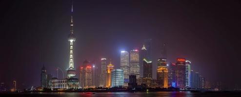 panorama- se av de horisont av shanghai pudong distrikt från de känd promenad de bund i de kväll foto