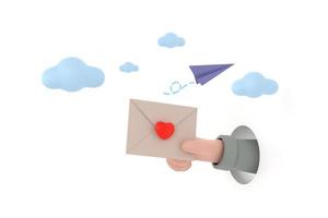 ikon kuvert brev, post brev med röd hjärta och papper plan. foto
