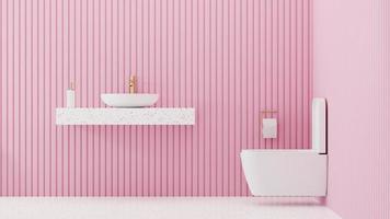 3d tolkning rosa vägg i toalett, vit toalett skål i toalett foto