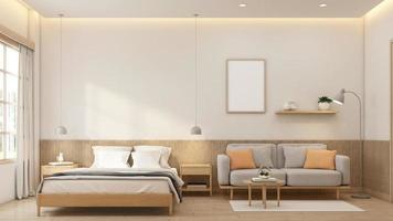 minimalistisk stil mycket liten rum dekorerad med säng och soffa, hängande lampa och golv lampa, bild ram och sida tabell. 3d tolkning foto