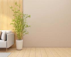 minimalistisk tömma rum dekorerad med soffa och trä våning.3d tolkning foto
