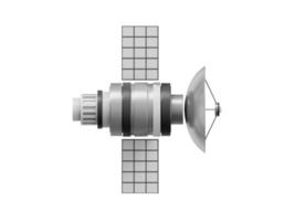 Plats satellit med ett antenn. orbital kommunikation station intelligens, forskning. 3d tolkning. realistisk metallisk ikon på vit bakgrund foto