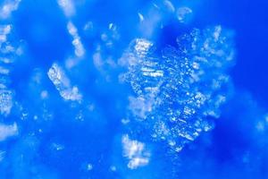 stänga upp av snö kristaller upplyst förbi blå solljus. vinter- bakgrund. makro av verklig snöflinga stor stjärn- dendriter med hexagonal symmetri, lång elegant vapen och tunn, transparent strukturer foto