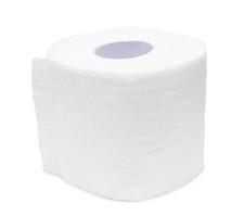 stänga upp Foto av enda rulla av vit vävnad papper eller servett beredd för använda sig av i toalett eller toalett isolerat på vit bakgrund med klippning väg