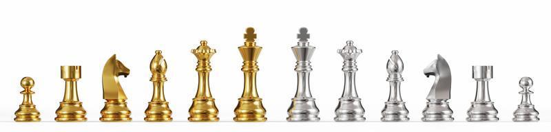 uppsättning av guld och silver- schack på en vit bakgrund. 3d tolkning illustration. foto