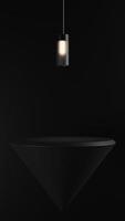 3d svart minimalistisk kon podium med led hängsmycke lampa, porträtt mörk piedestal för produkt visa foto