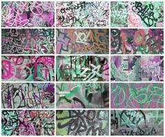 en uppsättning av många små fragment av taggade väggar. graffiti vandalism abstrakt bakgrund collage foto
