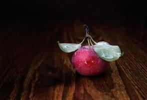 röd mogen äpple med löv på en trä- tabell. foto