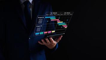 projekt chef arbetssätt på läsplatta och uppdatering uppgifter och milstolpar framsteg planera med gantt Diagram schemaläggning gränssnitt för företag på virtuell skärm. företag projekt förvaltning systemet. foto