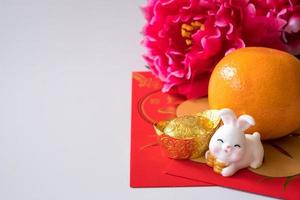 kinesisk ny år av de kanin festival begrepp. orange, röd kuvert, två kaniner och guld göt dekorerad med plommon blomma på vit bakgrund. foto