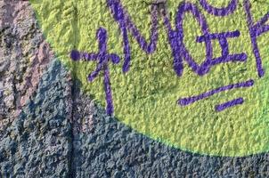 fragment av graffiti ritningar. de gammal vägg dekorerad med måla fläckar i de stil av gata konst kultur. färgad bakgrund textur i värma toner foto