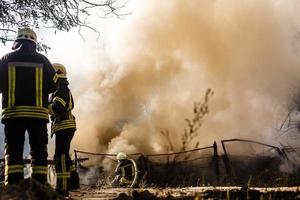 brandmän släcker en brand i skog genom vattenöversvämning foto