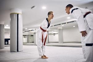 Lycklig Inaktiverad taekwondo kämpe och henne sparsam partner hälsa efter de bekämpa. foto