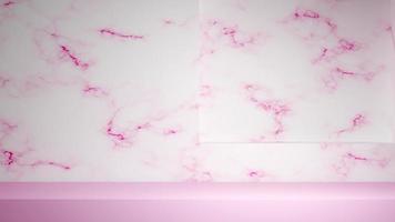 3d framställa ljus rosa produkt monter attrapp med marmor vägg och visa podium. sten texturerad bakgrund med podium och gobo skugga på bänkskivan foto