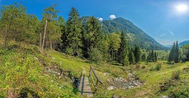 panorama skott av en små fotgängare bro över en små berg ström i de österrikiska alps foto