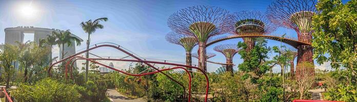 panorama- se över parkera trädgårdar förbi de bukt i singapore med klar himmel foto