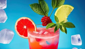 professionell mat fotografi närbild av tropisk frukt sommar coctail med röd grapefrukt, bär och is på blå bakgrund foto