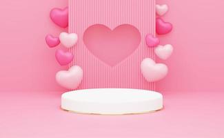 3d vit podium med rosa och mörk rosa hjärta ballong på rosa bakgrund. 3d tolkning foto