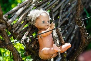 övergiven gammal bruten bebis docka ruttnar i skrämmande skog foto