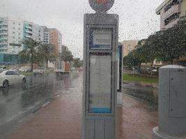 regn i uae väg sida skön se och Sammanträde område leverans pojke påbjudande i regnig bebis spelar stol gräs i regnig, trafic Fortsätta på väg i regnig dag foto