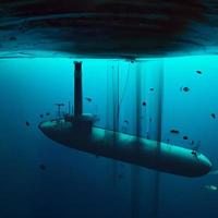 u-båt fartyg närmar sig en under vattnet skadad rörledning läckande i de djup mörk hav tycka om de nord ström illustration foto
