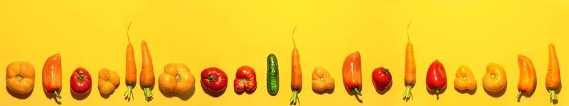 rad av färsk bruka grönsaker lagd ut i botten av ljus gul bakgrund. reklam baner. foto