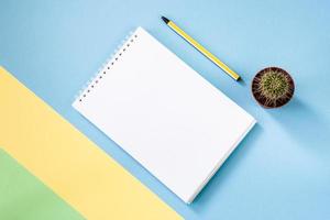 pastell färgad bakgrund med anteckningsblock, penna och små kaktus. foto