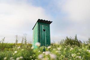 årgång toalett. ett utomhus- rustik grön toalett med en hjärta skära ut på de dörr. toalett i en fält av blommor. foto