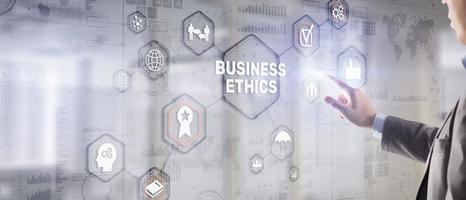 företag man skrivning företag etik- begrepp på virtuell skärm foto