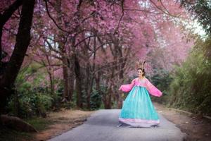 hanbok, de traditionell koreanska klänning och skön asiatisk flicka med sakura foto