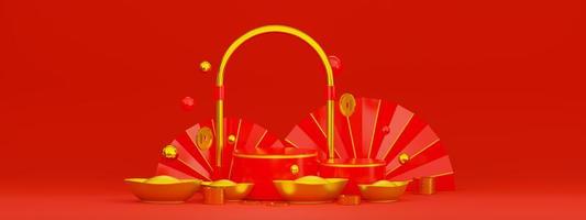 bakgrund för produkt visa röd guld utsökt kinesisk stil. kinesisk ny år. 3d framställa foto