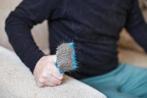 en mannens hand innehav de katt hårkam borsta med grå päls. foto