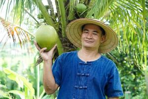 Lycklig asiatisk man trädgårdsmästare innehar organisk kokos frukt på hans trädgård . begrepp lantbruk beskära i thailand. thai jordbrukare växa kokosnötter maprownamhom till sälja . sommar frukter. foto