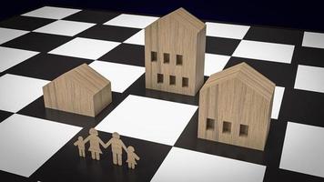 de Hem trä leksak på schack styrelse för fast egendom eller verklig egendom företag 3d tolkning. foto
