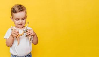söt skrattande liten pojke på en gul bakgrund med en dinosaurie leksak i hans händer. kopia Plats. foto