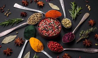 variation av kryddor i metall skedar paprika, gurkmeja, kardemumma, en blandning av kryddpeppar, timjan och rosmarin foto
