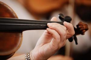 närbild av en fiol med en rosett. brun orkester fiol. fingrar på fiol tangentbord. foto