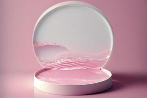 tömma vit cirkel podium på transparent klar rosa lugna vatten textur med stänk foto